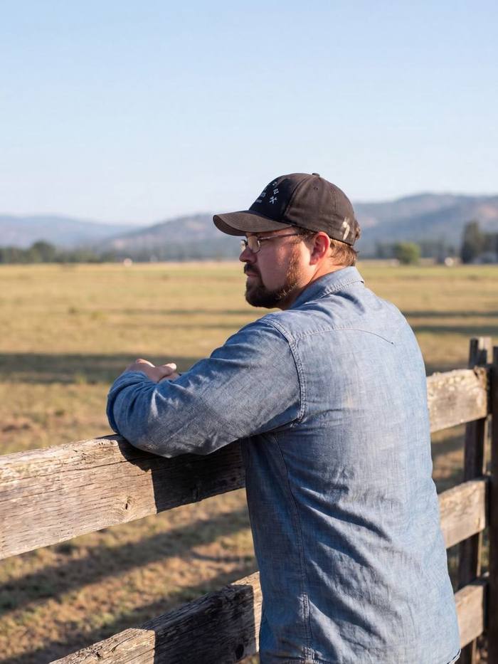 Demitri Stelter leaning on a rail fence, looking out over a hay meadow toward the mountains.