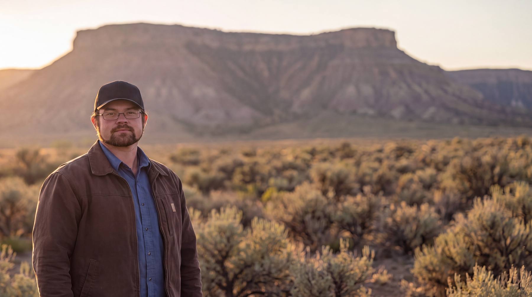 Demitri Stelter standing in sagebrush at sunrise below a mesa in Delta County.